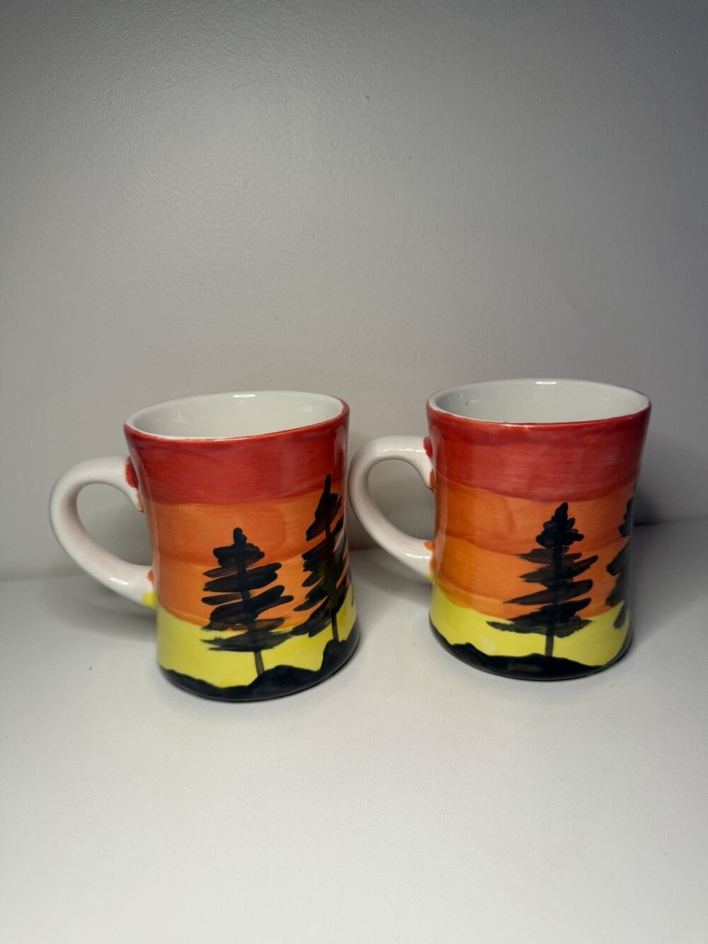 NEW Set Of 2 Seven Pines Sunset Mugs Evening Sun Hand Painted Coffee Stoneware
